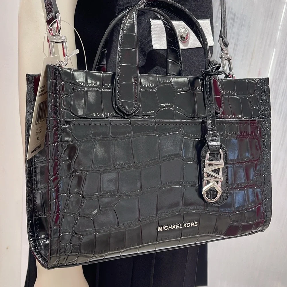 Michael Kors Gigi Small Crocodile Embossed Leather Messenger Bag Black NWT